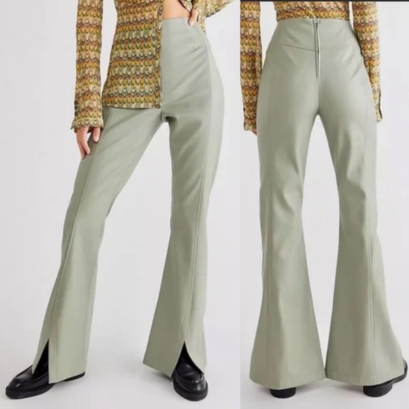 Free People Pants - NEW Free People Real Deal Slit Flare Vegan Faux Leather High Rise Pants: Green